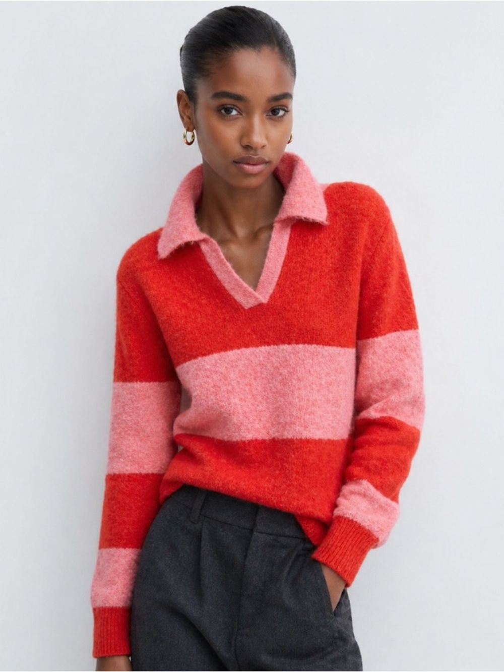Cozy Red and Pink Striped V-Neck Sweater with Collar